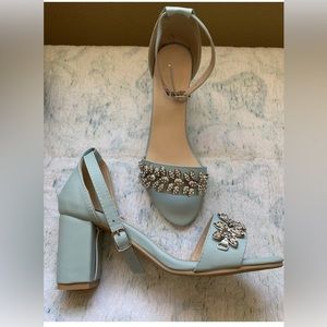 Women's New ‘Something Blue’ Leatherette Block Heel Crystal Rhinestone Sandals